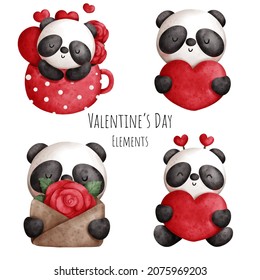 Valentine's day watercolor element with cute panda