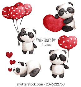 Valentine's day watercolor element with cute panda