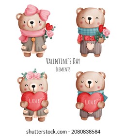 Valentine's day watercolor element with cute bear