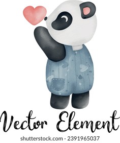 Valentine's day watercolor element with cute panda holding pink heart. Vector illustration.