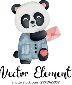 Valentine's day watercolor element with cute panda holding pink heart. Vector illustration.