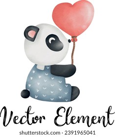 Valentine's day watercolor element with cute panda holding pink heart. Vector illustration.