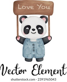 Valentine's day watercolor element with cute panda holding pink heart. Vector illustration.