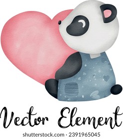 Valentine's day watercolor element with cute panda holding pink heart. Vector illustration.