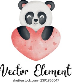 Valentine's day watercolor element with cute panda holding pink heart. Vector illustration.