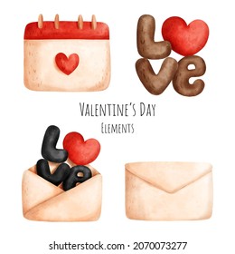 Valentine's day watercolor elements. Vector 