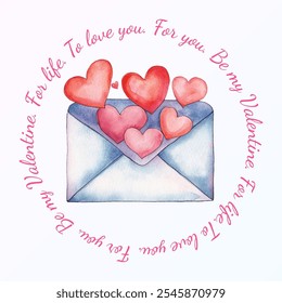Valentine's Day watercolor postcard. Cute envelope with floating hearts and inscription around. Happy Valentine's Day. Concept of love and feelings. Vector illustration.