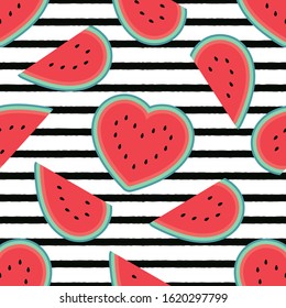 Valentine's Day watermelon hearts seamless pattern with black stripes. Flat cartoon style. Minimalist, simple. Can be used as a wallpaper, wrapping paper, textile print etc. Vector illustration.