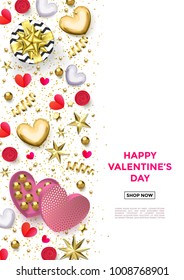 Valentines day web banner background of hearts and gold glitter confetti or flower pattern for holiday sale or discount store. Vector Happy Valentine shopping poster of glittering gold design template