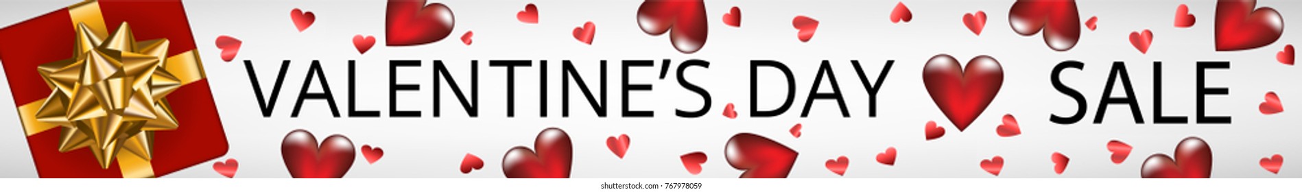 Valentines day web banner with gift box and glass heart. Valentines day sale
