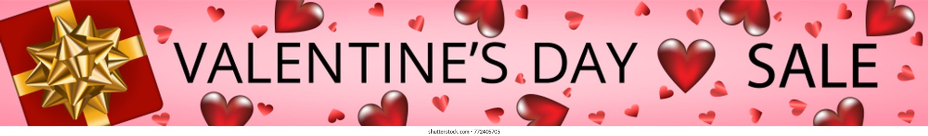 Valentines day web banner with gift box and glass heart. Valentines day sale