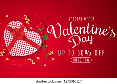 Valentine's Day web banner for sale. Top view. Romantic composition with gift box of heart and rose flower. Special offer. Big discounts. Scattered confetti. Vector illustration. EPS 10