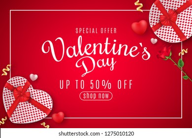 Valentine's Day web banner for sale. Top view. Romantic composition with gift box of heart and rose flower. 3D hearts. Special offer. Big discounts. Scattered confetti. Vector illustration. EPS 10