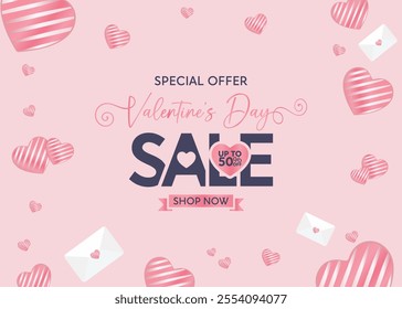 Valentine's Day web banner for sale. Romantic composition with gift box of heart and rose flower. 3D hearts. Special offer. Big discounts. Scattered confetti. Vector illustration.