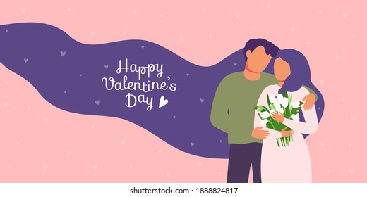 Valentinstag Web-Banner für spezielle Angebote, Rabatte, Verkäufe, Postkarten. Paar in Liebe, Mann umarmt Frau, weiße Blumen in den Händen, lange Haare. Vektorgrafik, romantischer Hintergrund mit Herzen