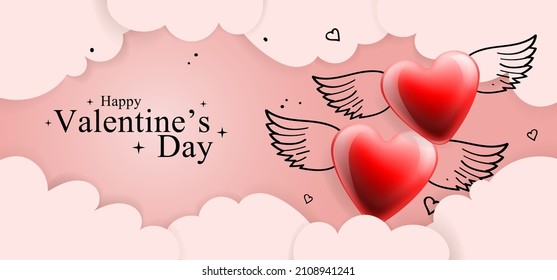 Valentines day. Web banner template with red winged hearts and clouds background, vector illustration.