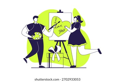 Valentine's Day web concept with flat people for website design. Man giving romance gift, painting picture to woman. Couple going on date together, celebrating romantic holiday. Vector illustration.