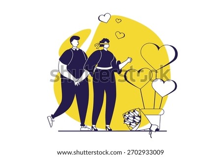 Valentine's Day web concept with flat people for website design. Couple going on blind surprise date together. Man giving romance gift to woman and celebrating romantic holiday. Vector illustration.