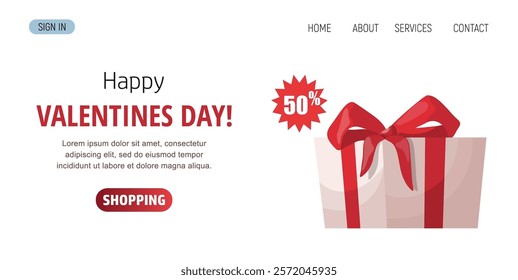 Valentines day web page concept. White gift box with red ribbon isolated on white background.