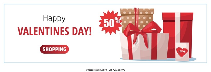 Valentines day web page concept. White gift box with red ribbon isolated on white background.