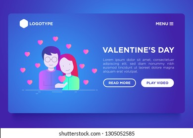 Valentine's day web page template: couple in love and hearts around. Modern vector illustration in gradient flat style.