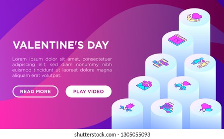 Valentine's day web page template with thin line isometric icons: couple in love, romantic evening, cupid bow, balloons, envelope, gift card, love message, gift delivery. Modern vector illustration.