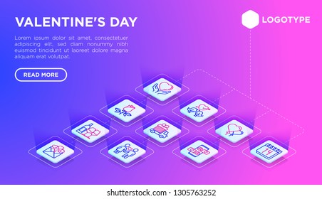 Valentine's day web page template with thin line isometric icons: couple in love, romantic evening, cupid bow, balloons, envelope, gift card, love message, gift delivery. Modern vector illustration.