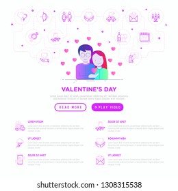 Valentine's day web page template: couple in love and hearts around. Modern vector illustration in gradient flat style.