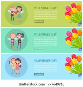 Valentines day web postcards set with young lovers tenderly gently smiling, wings on back vector illustration isolated banners with tulip flowers