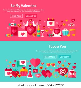 Valentines Day Website Banners. Vector Illustration for Web Header. Love Modern Flat Design.