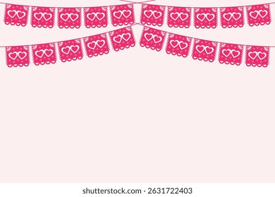 Valentine's day, wedding, anniversary. Festive banner with pink flags with hearts. Festive pink garlands in Mexican style. Vector illustration with copy space.