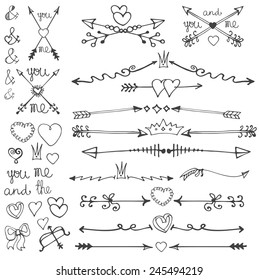 Valentine's Day and Wedding arrows set:Doodle hand drawn decor ,hearts,ornamental elements.Retro dividers,borders,design template.Vintage love vector.Outline kit. 