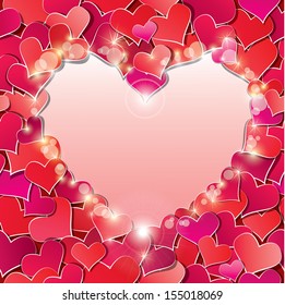 Valentine's day or Wedding background with Red hearts confetti. Holidays frame