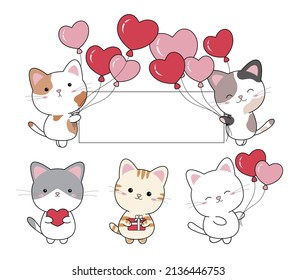 Valentine's day wedding birthday christmas and new year concept design of cat and heart balloon on white background vector illustration