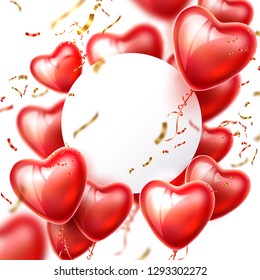 Valentines day, wedding, birthday or marriage background. Realistic heart shape red balloons with golden confetti on blank frame. Invitation, greeting card, celebration party design concept.