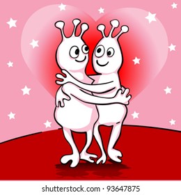 valentine's day and wedding card with aliens in love and magic heart over starry sky