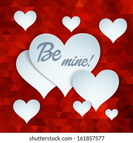valentines day or wedding card of paper love hearts on abstract red glass triangles background pattern with text greetings joyful romance white holiday texture abstraction background scene red ritual
