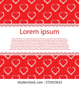 Valentine's day or Wedding card. White hearts on red vector background and stripe for text