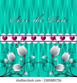 Valentine's day or wedding cards. Lettering Save the date, flowers, hearts on abstract background