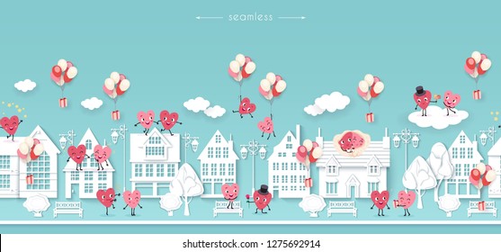 Valentines day, wedding, engagement, love, Seamless background with white houses street and couples of lovers animated hearts, Festive vector illustration, paper cut