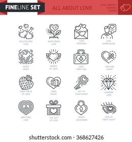 Valentines day, wedding, engagement, love, romantic event line icon set. Modern thin line love symbols collection. Mono minimal linear pictograph. Stroke vector logo concept. For web, mobile, print