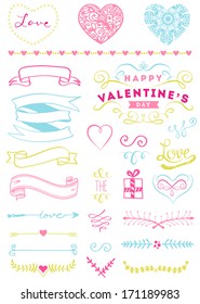 Valentine's Day and Wedding graphic set, arrows, hearts, laurels, wreaths, ribbons and labels.