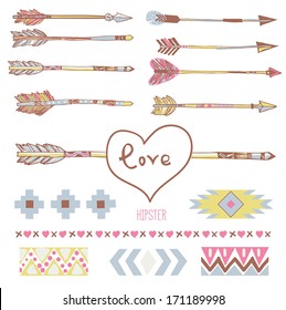 Valentine's Day and Wedding hipster graphic set: hand drawn arrows and tribal ornamental elements for vector brush.