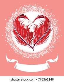 Valentine's Day or wedding invitation design. Cute greeting card, banner or poster with red heart made by feathers. Empty space for your text