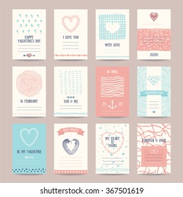 Valentine's day, wedding invitation, romantic love cards. Hipster templates collection with hand drawn textures, brush strokes, heart symbols, declaration of love. Isolated vector set.