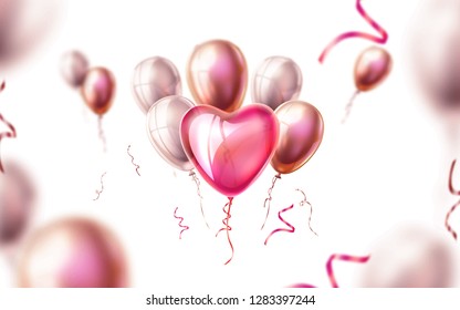 Valentines day, wedding or marriage background. Realistic heart shape balloons with silk ribbons on blurred baloons backdrop. Spring holiday decoration. Invitation card, celebration party design