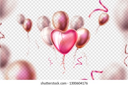 Valentines Day, Wedding Or Marriage Background. Realistic Heart Shape Balloons With Silk Ribbons On Blurred Baloons Backdrop. Spring Holiday Decoration. Invitation Card, Celebration Party Design