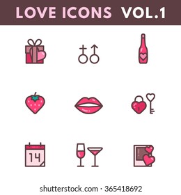 Valentines Day and wedding outline icons. Love concept in linear style. Vector illustration EPS10.
