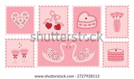 Valentine's Day and wedding post stamps featuring hand-drawn swans filled with glasses, cakes, flowers, cherries with a bow, and a heart. . A collection of vector postage stamps in a coquette style.