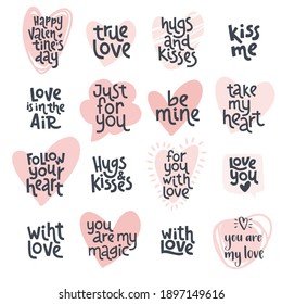 Valentine's day and Wedding quotes, holidays love lettering set. Hand drawn decorative text compositions. Vector isolated elements for your design on white background.
